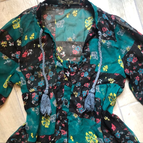 Love stitch patchwork floral overlay babydoll tunic dress in green black. Size S - Picture 3 of 7